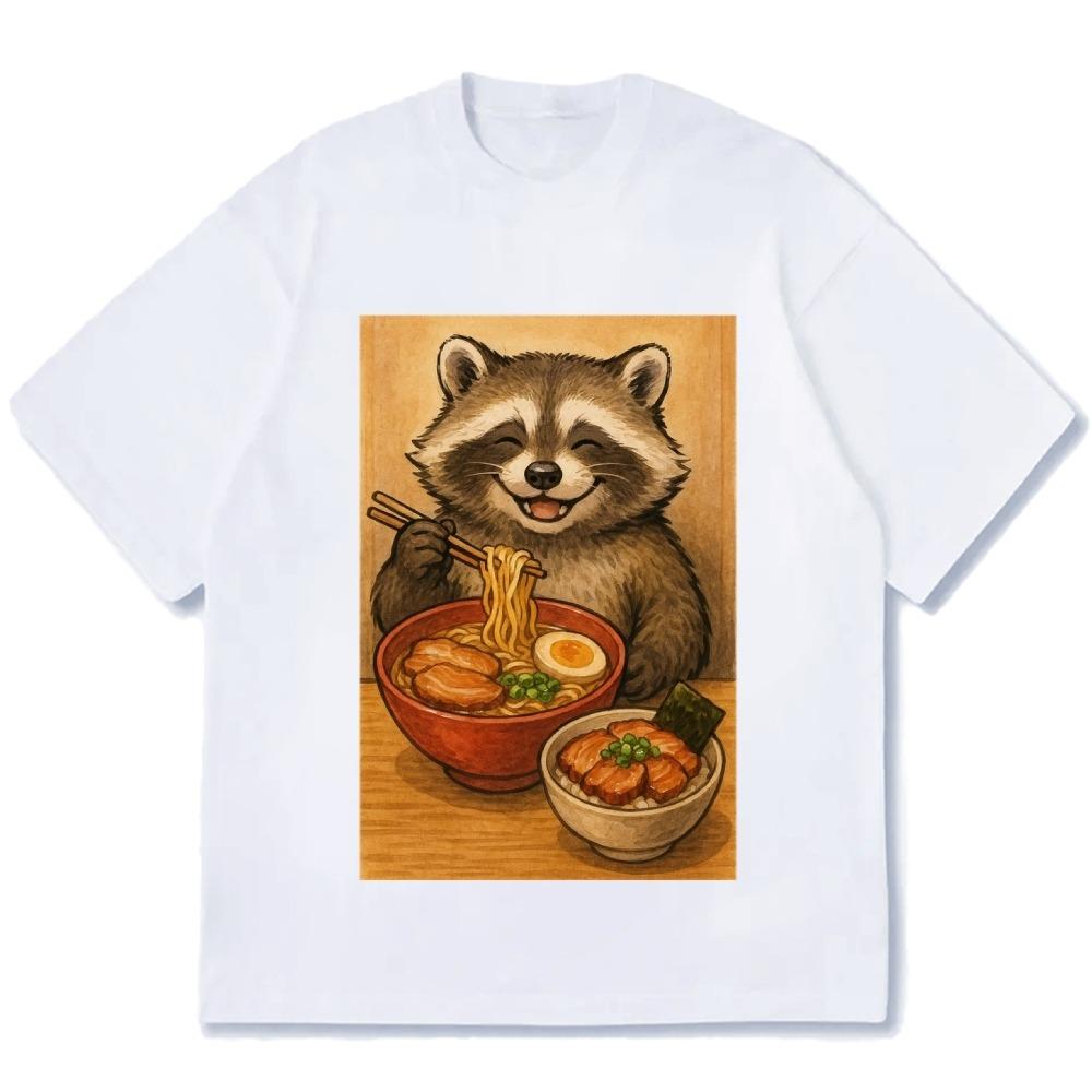 

Casual Loose Summer T-shirts Fashion Cotton Short Sleeve O-neck Tees Unisex Men s Raccoon Eating Ramen Printed Tunics S