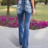 Women's Double Button High Waist Flared Jeans Stretch Washed Denim Bootcut Pants Vintage Casual Long Denim Trousers