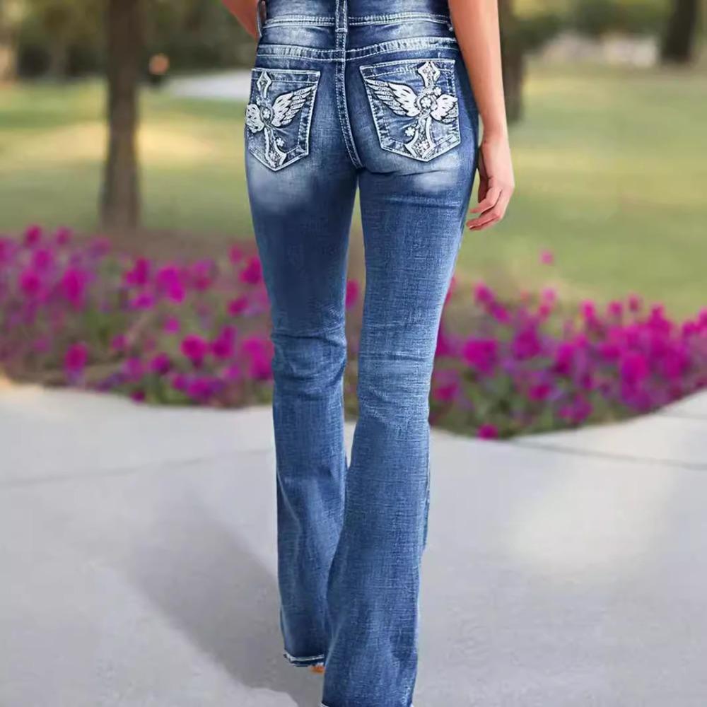 Women's Double Button High Waist Flared Jeans Stretch Washed Denim Bootcut Pants Vintage Casual Long Denim Trousers