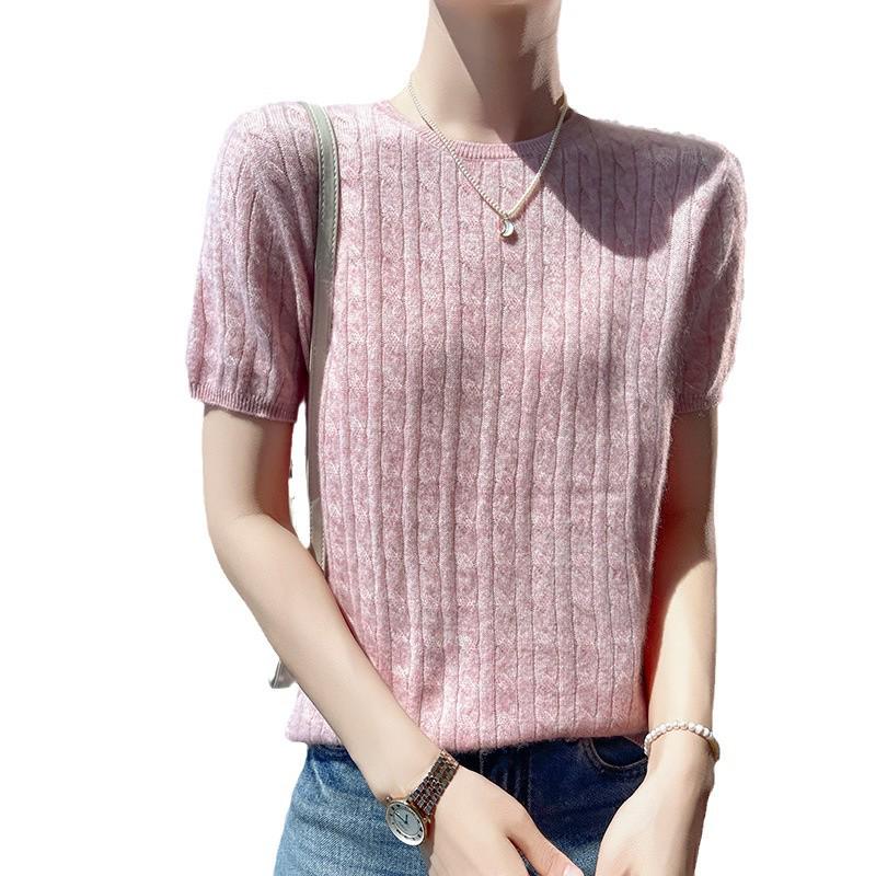 2024 Spring/Autumn Women's Soft Cashmere Loose Fit Short Sleeve Cable Knit Pullover.