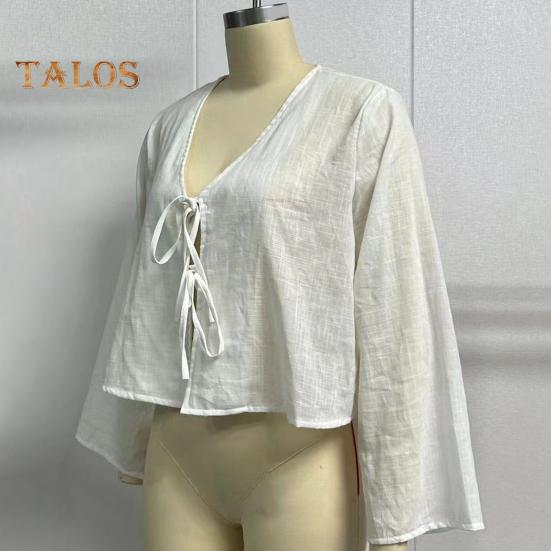 Damen-Shirt mit V-Ausschnitt, langen Ärmeln, lockere Passform, einfarbig, Sommer-Shirt mit Schnürung und Schleife, Strickjacke, Oberteil mit Bindeverschluss