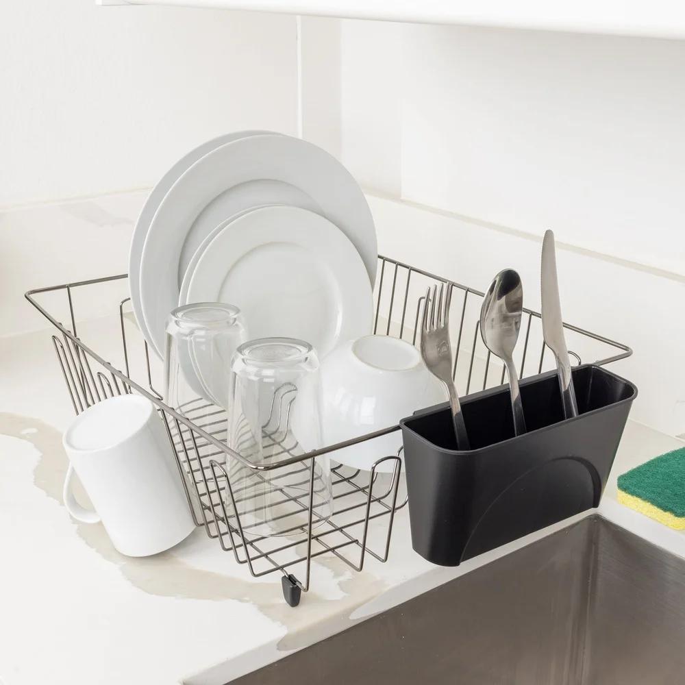 Large Wire Dish Rack Kitchen Organizer Drying Rack with Cutlery Cup Countertop Storage Black Chrome Rust Resistant Metal