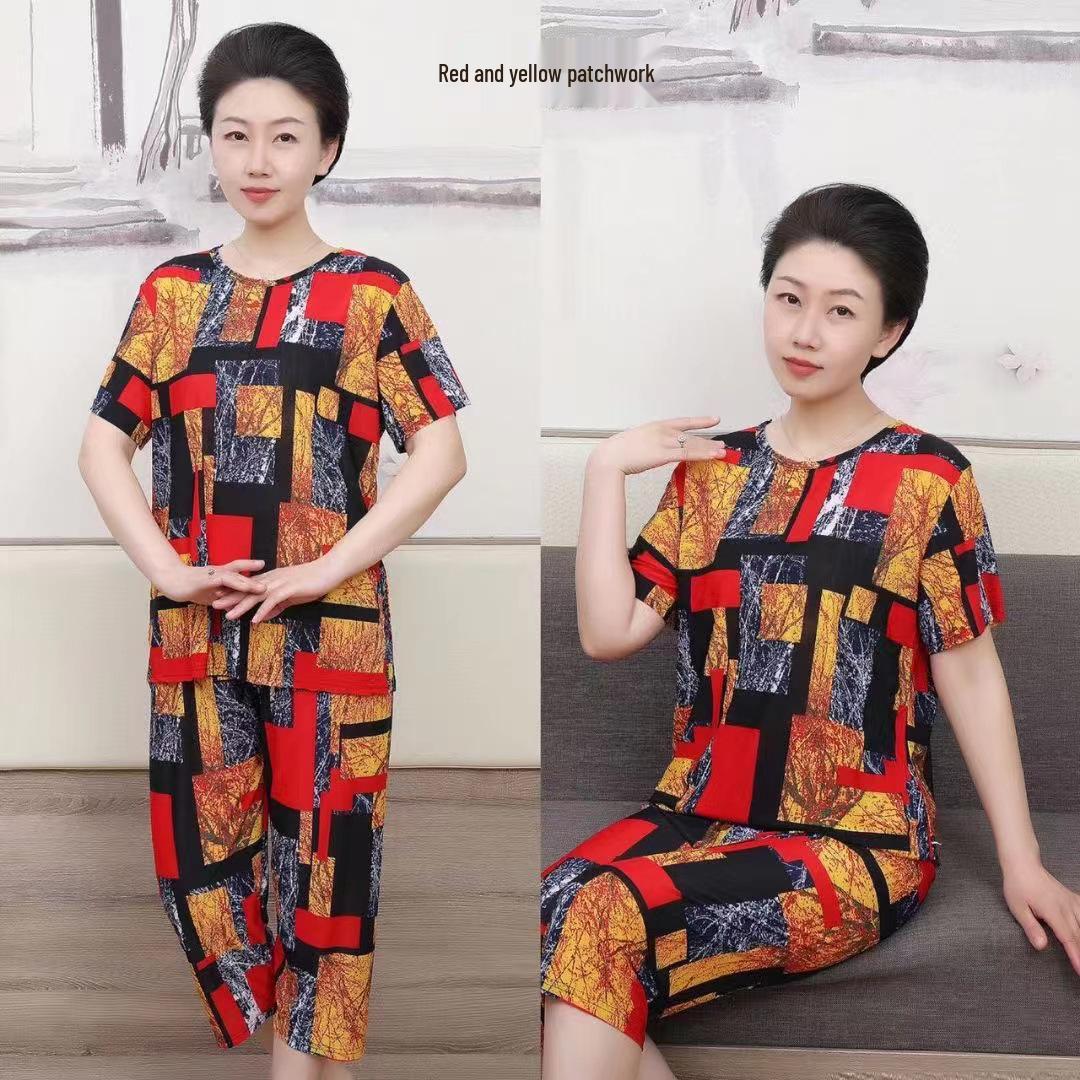 

Женский пижамный комплект большого размера из ледяного шелка с цветными блоками - Осенний свободный крой 2XL (80-110 jin)