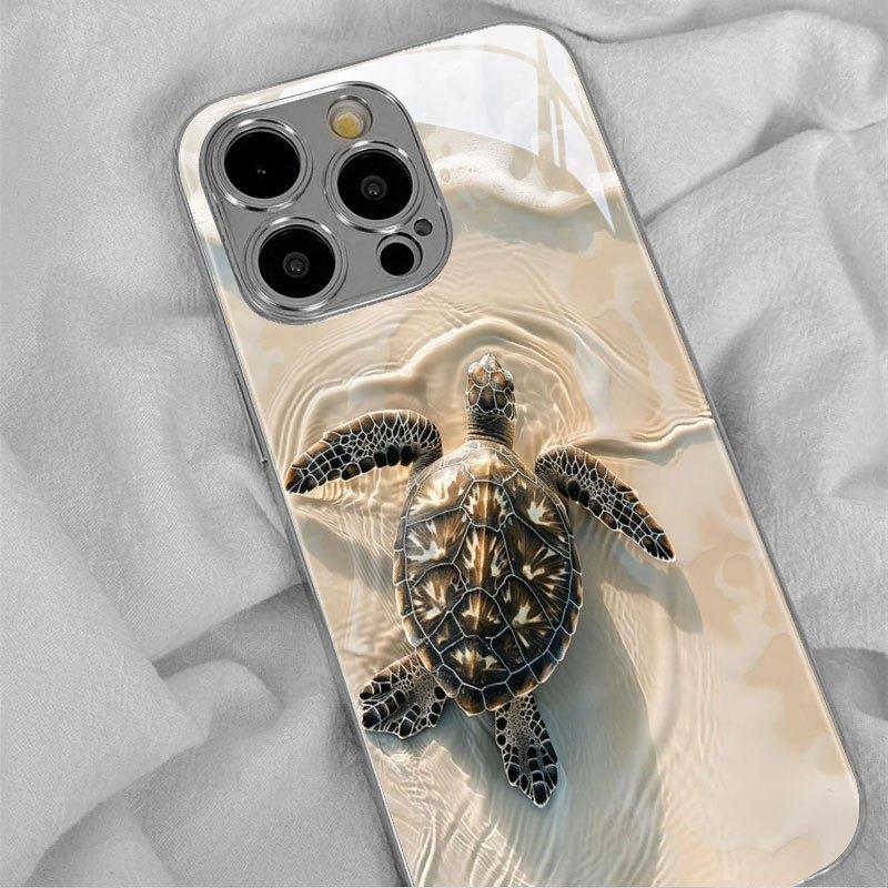 Beach Turtle Pattern Tempered Glass Phone Case For iPhone 17 16 15 14 13 12 11 Pro Max 14 Plus 17 Air Electroplate Silver Cover