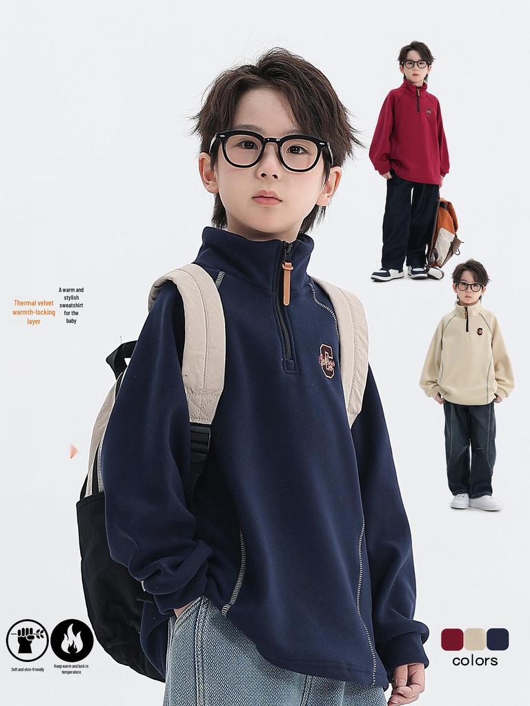 Boys' 2025 Winter Fleece-Lined Half-Zip Pullover Hoodie for Medium and Older Children