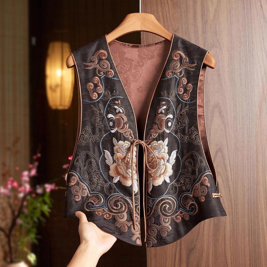 Women's Jackets Women's Vest Fashion Silk Vest Jacket Ladies Spring V-neck Chinese National Style Embroidered Jacket