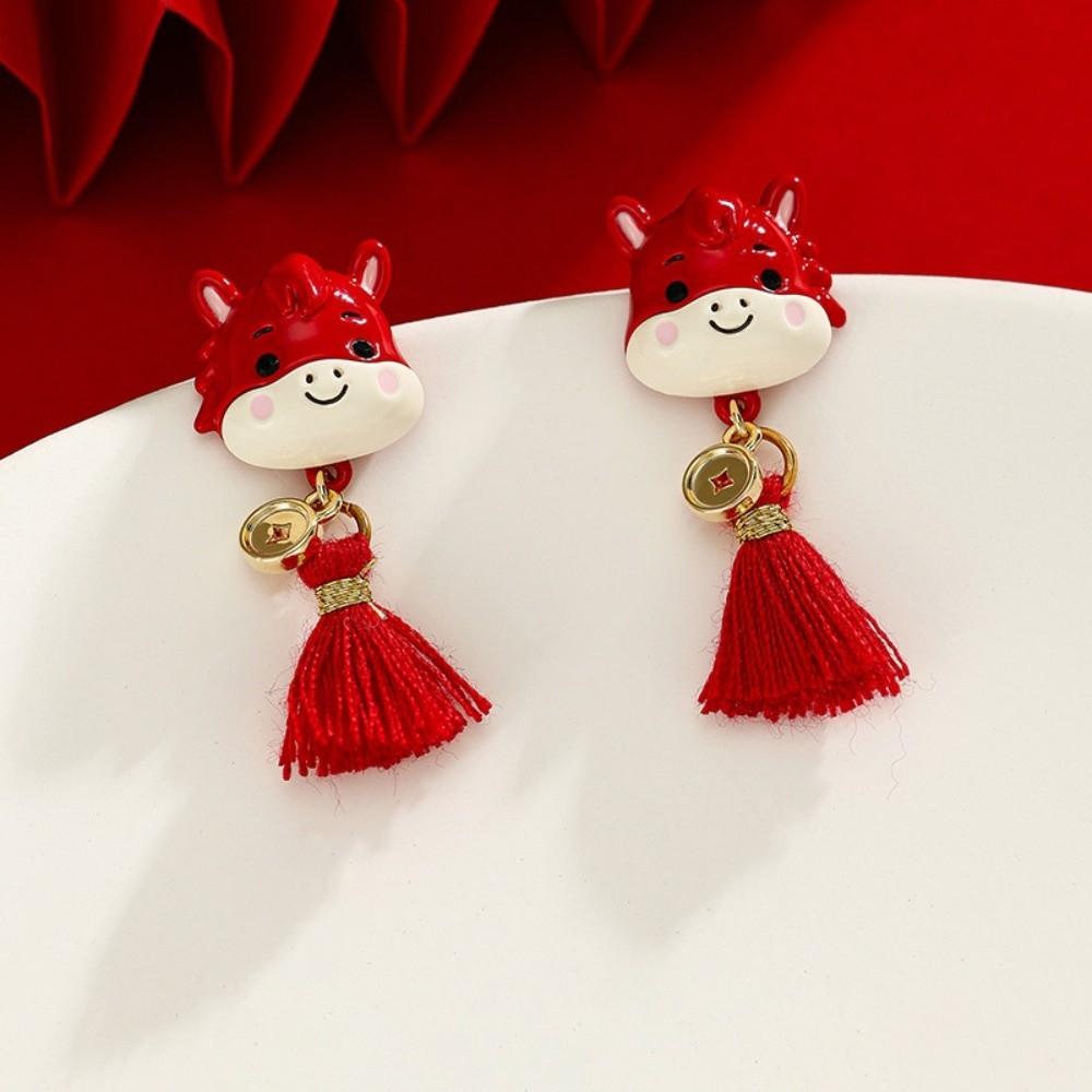 Cartoon Horse Red Pony Earrings Flocking Horse Mascot Drop Earrings New Year Horse Earrings  Girls