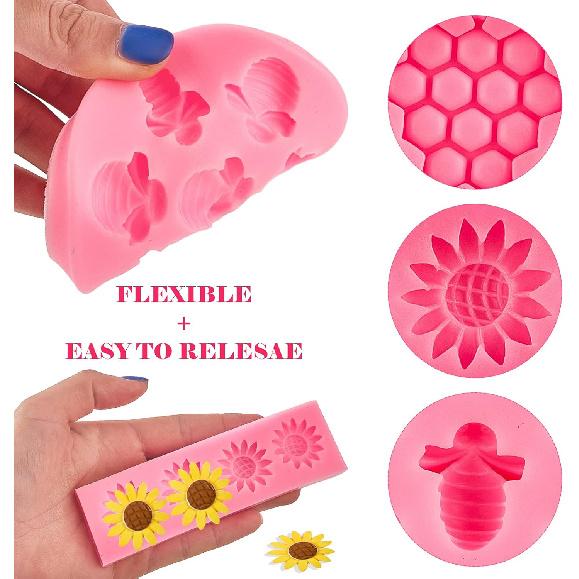 Ocmoiy 4 Pieces Bumble Bee Silicone Mold Honeycomb Sunflower and Bee Fondant Molds for Cupcake Cake Decorating Sugar Chocolate Candy Baking Mold
