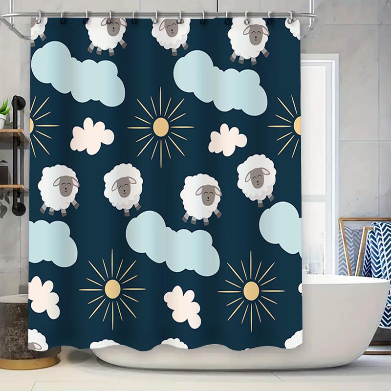 

Adorable Sheep Cloud Sunburst Blue Shower Curtain Waterproof Polyester Fabric for Bathroom Decorations in Navy Green White Color 90x180cm