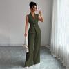 Women's Relaxed Fit Two Piece Pantsuit Sleeveless Blazer Top High Waist Wide Leg Trousers Solid Color Elegant Commuter Matching Outfit
