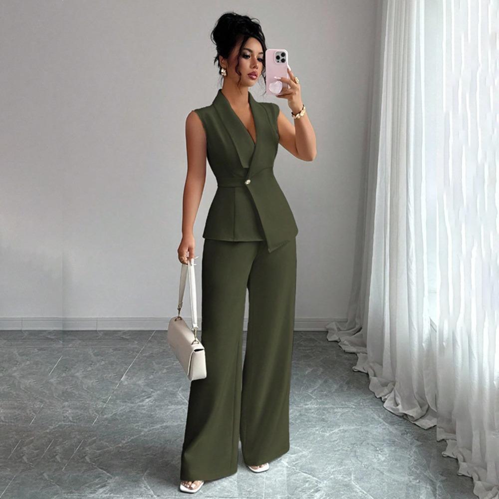 Women's Relaxed Fit Two Piece Pantsuit Sleeveless Blazer Top High Waist Wide Leg Trousers Solid Color Elegant Commuter Matching Outfit