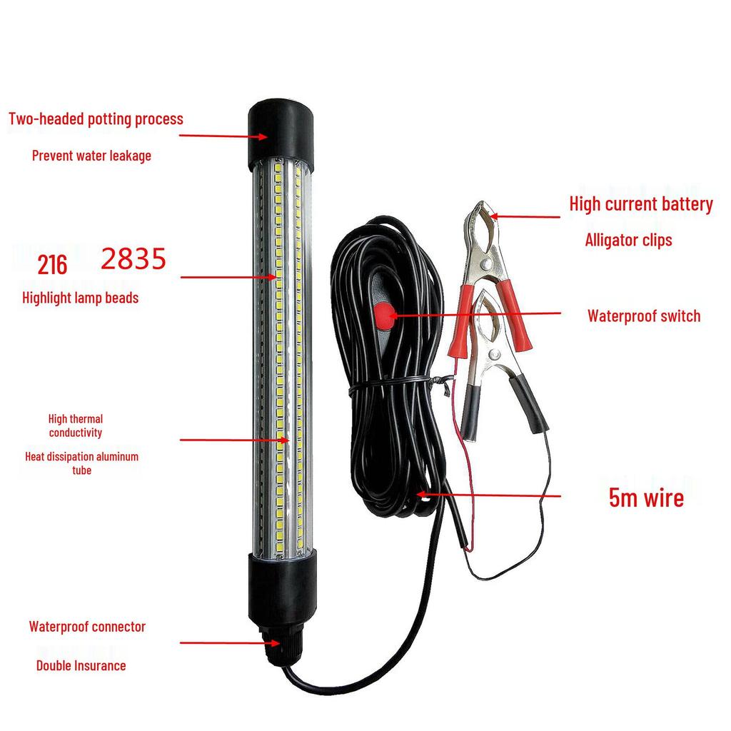 30W Waterproof Underwater Fish Attracting Light, 216 LEDs, 2835 IP68, 12-24V, Ideal for Raft Fishing.