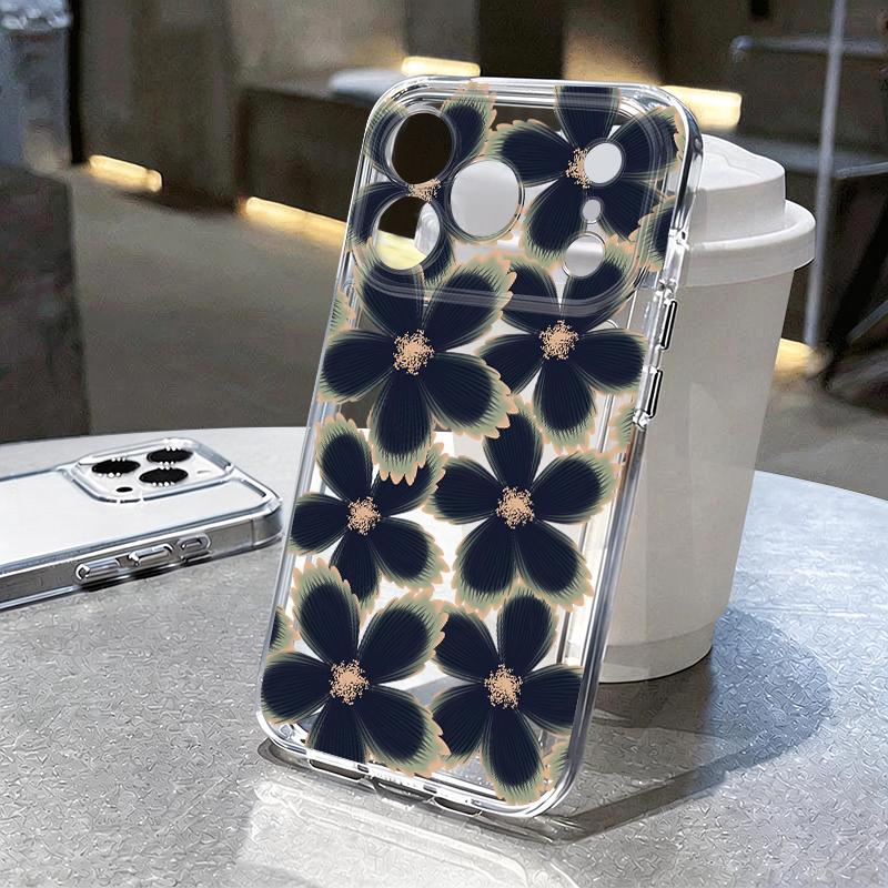 Black Rose Floral Pattern Case For iPhone 17 Pro Max Coque iPhone 16 15 14 13 Pro Max 11 Clear TPU Silicone Soft Cover