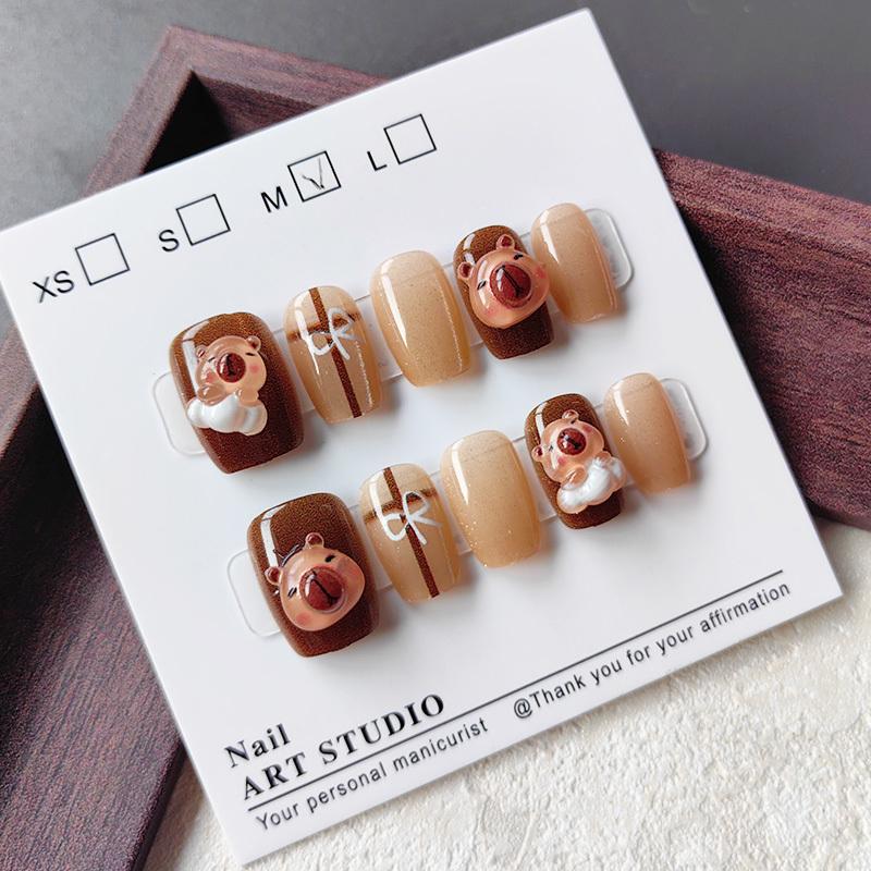 10Pcs Cute 3D Capybara Cat Eye Glossy Press On Nails Handmade Cartoon False Nail Tips Korean Manicure