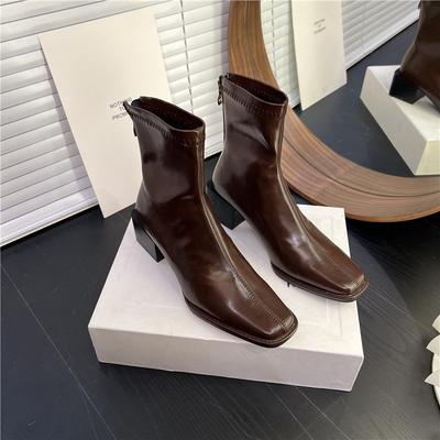 High-heeled Square-headed Small Short Boots for Women's 2025 Autumn and Winter New Martin Boots Niche Thick-heeled Design French Thin Boots