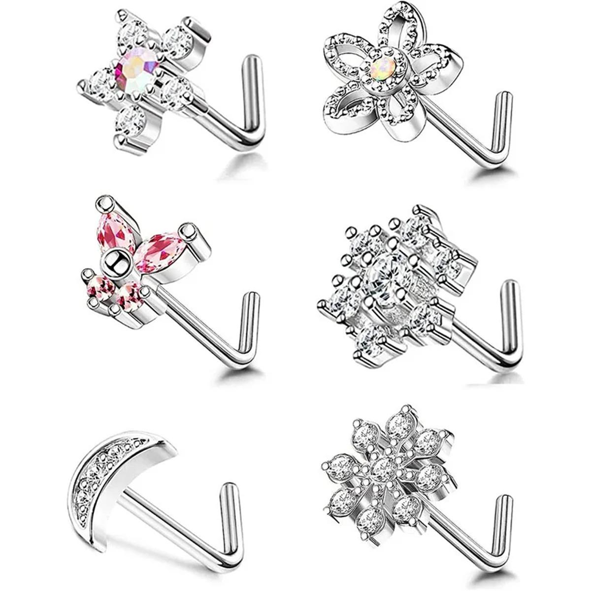 6-18 Pcs 20G Nose Rings Studs Set L Shape and Screw CZ Zircon Body Jewelry for Nose Piercing