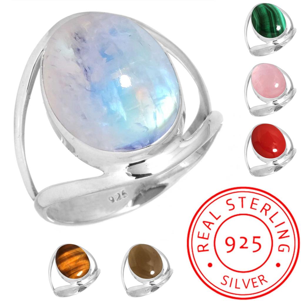 925 Sterling Silver Ring Women Gemstone Handmade Jewelry Engagement Gift Malachite Moonstone Rose Quartz Red Stone Smoky Topaz Tiger Eye Solitaire