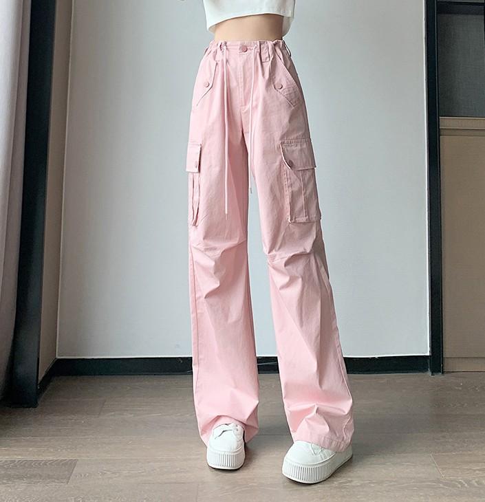 FiveFive Y2K Drawstring Cargo Parachute Pants Women Harajuku Streetwear Oversize Wide Leg Straight Trousers Female Pockets
