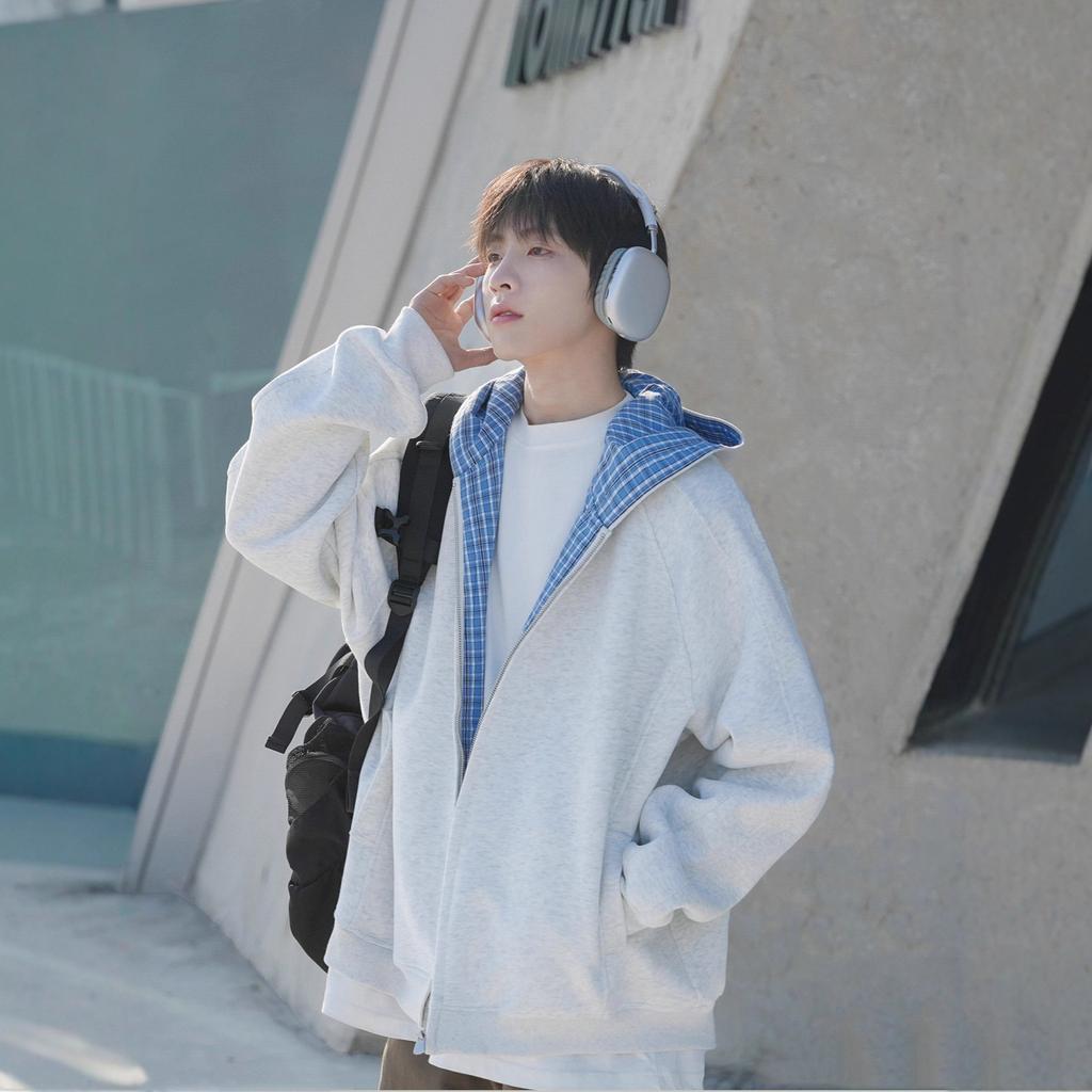 Plaid Cardigan Sweatshirt for Men and Women Autumn Loose Coat Casual Hoodie