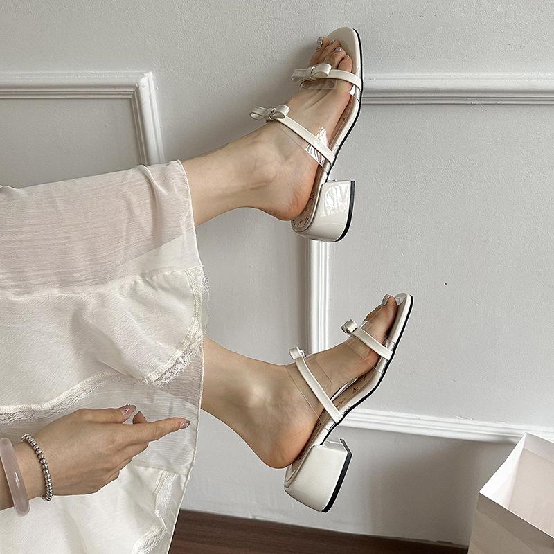 French bow thick heel slippers women's outer wear 2025 summer new with skirt high heel one word with fashion slippers