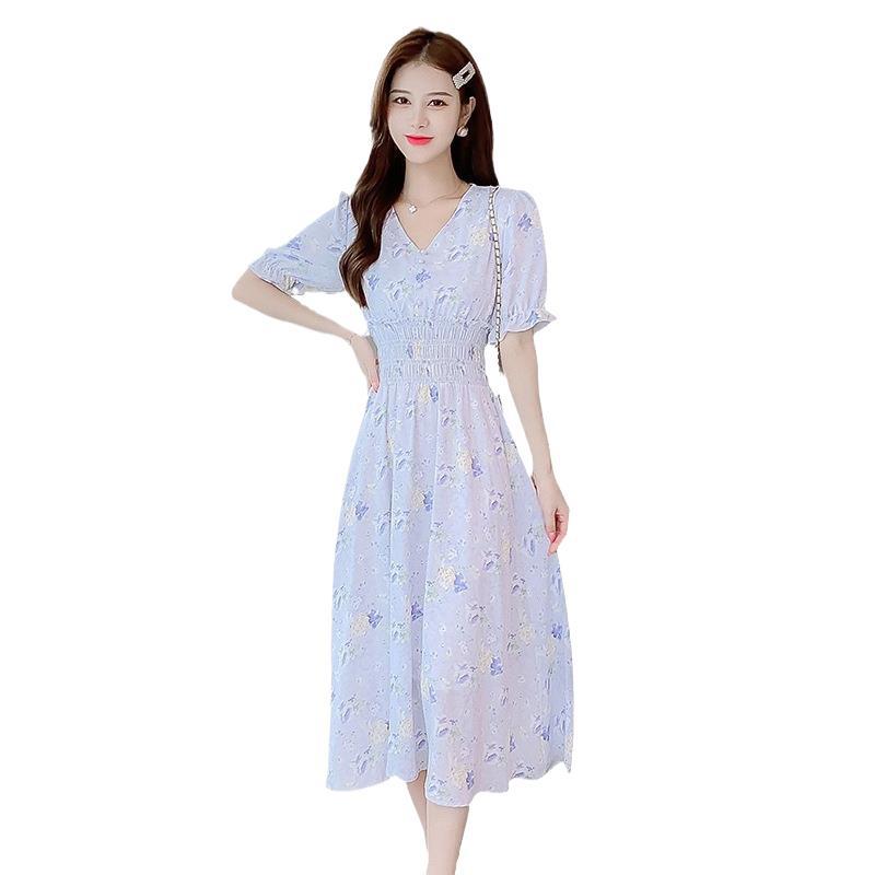 New Bubble Chiffon Dress Summer Dress High Waist Korean Version Sweet Mori Chiffon Bubble Sleeve French