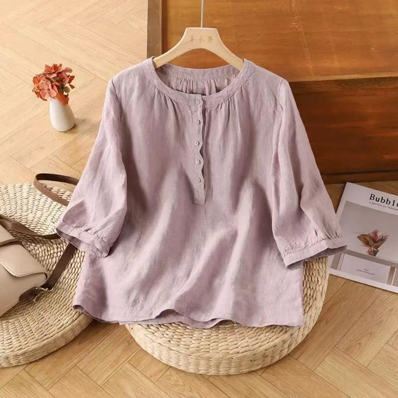 Sommer Neu Literarisch Retro Einfarbig Baumwolle Leinen Oberteil Locker Vielseitig Ethno-Stil Rundhals Shirt