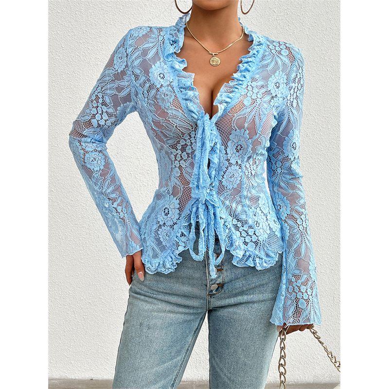 

Fashion Fashion Sexy Slim Long Sleeve Lace Shirt Top Female Sexy Lace Top Blouse Women Blue M