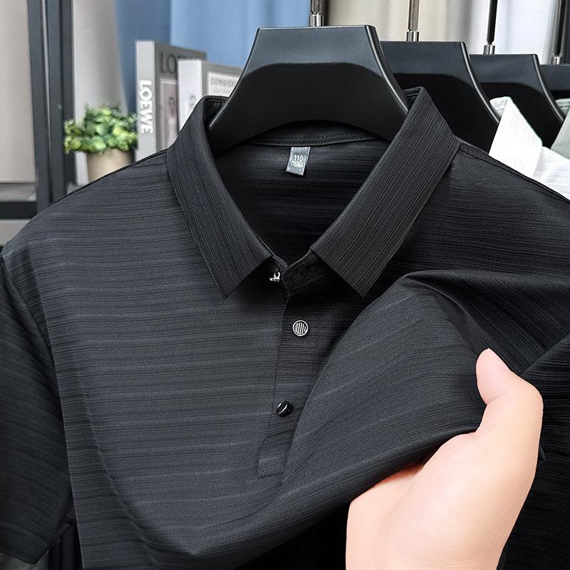 Seamless Stretch Short-Sleeved Polo Shirt for Men – Lightweight, Cooling Ice Silk, Loose-Fit Collared T-Shirt for Middle-Aged Men