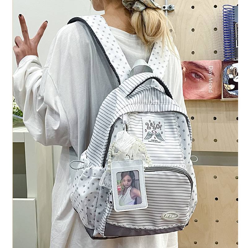 Girl Striped Star Backpack With Waterresistant Nylon For School And Travel Use