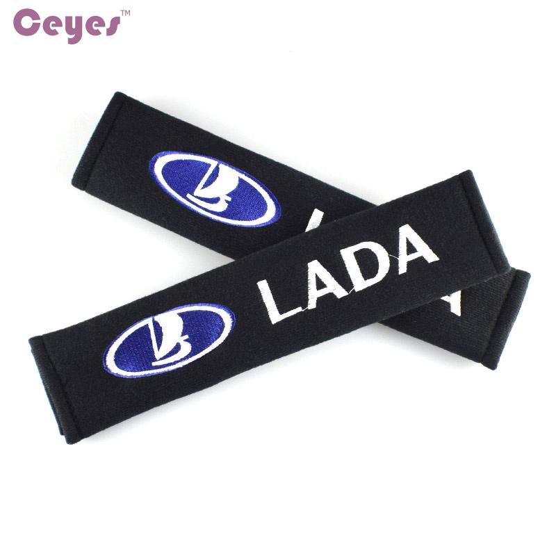 

Ceyes 2pcs Хлопок автомобиль сиденья пояса колодки охватывает эмблемы для Lada Vesta Xray Granta Самара автомобиль укладка