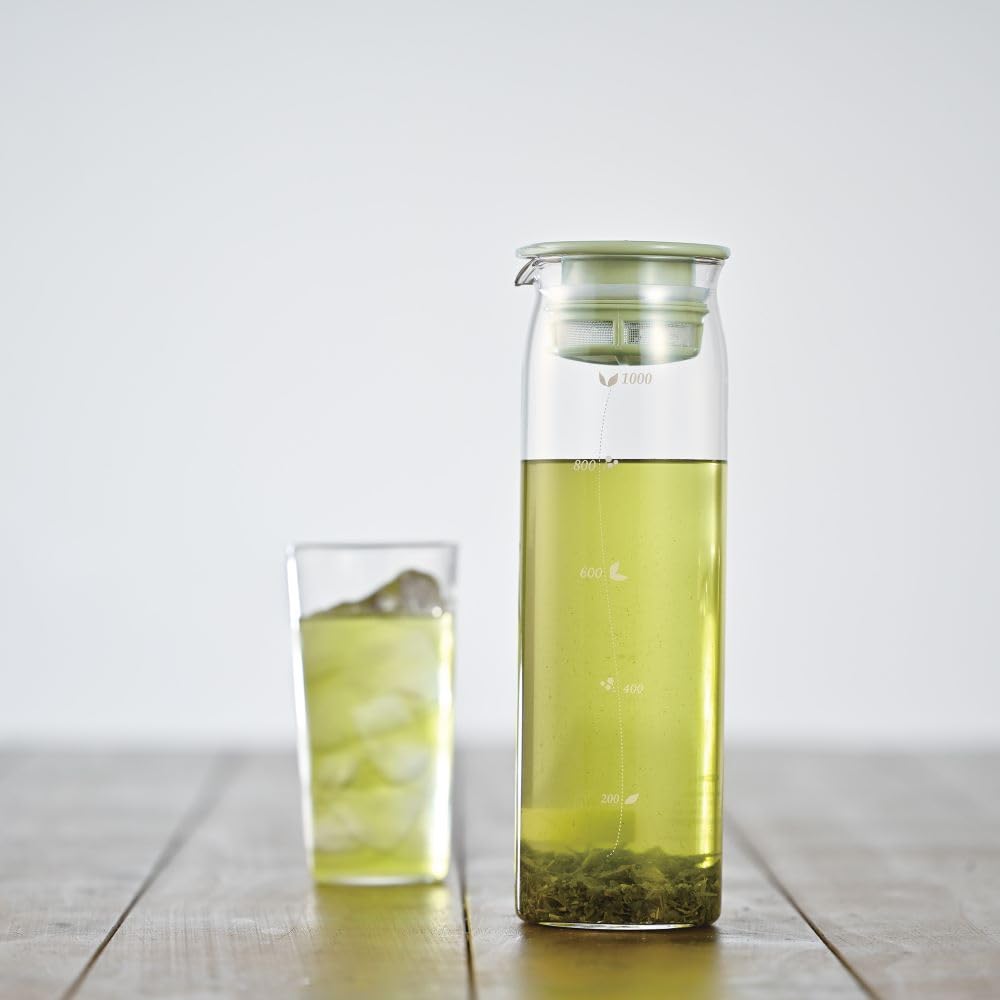 HARIO Cold Brew Tea, praktisches Fassungsvermögen, rauchig, heiß, kaltes Wasser, hergestellt in Japan, Kanne, 1000 ml, grün, hitzebeständiges Glas, wasser-/spülmaschinenfest, Flasche,