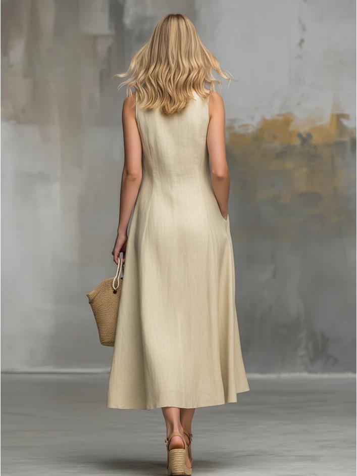 Lapel Button Closure Sleeveless Solid Color Women's Dress