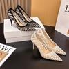 97035-18 Mesh High Heels Muse Fan New Pointed Temperament Striped Single Shoes Fashion Thin Heel Celebrity Women's Shoes