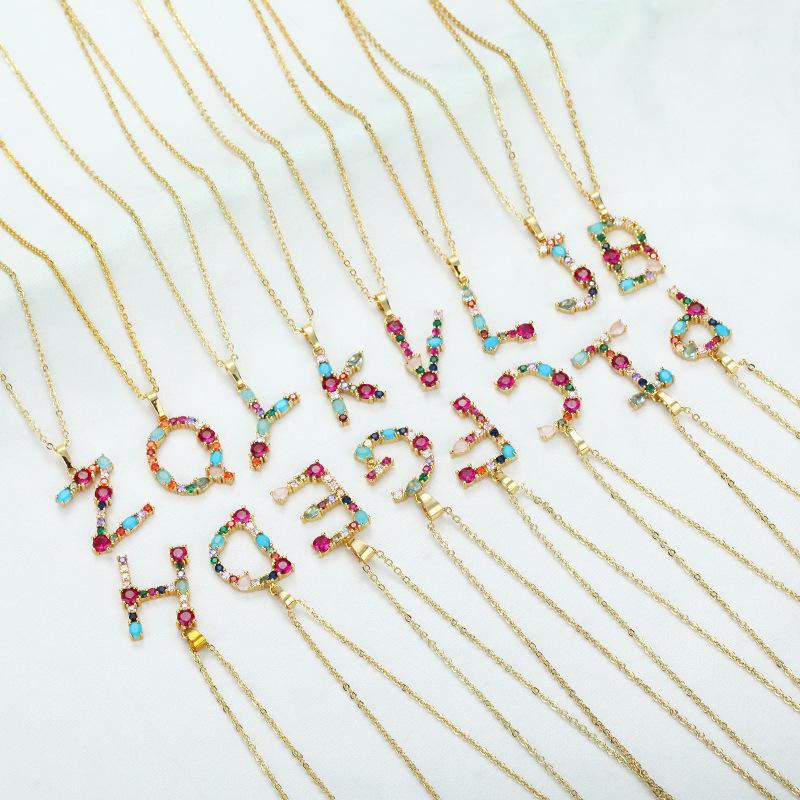 Colourful Crystal CZ 26 Capital Initial Letters Pendant Necklace For Women Gold Pendant Necklace Initial Jewelry