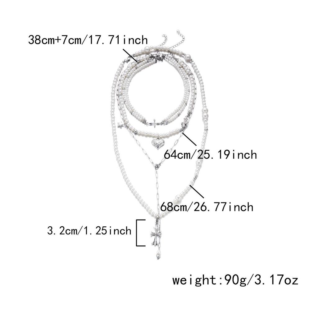 Cross Heart Faux Pearl Multi-layer Necklace - Y2K Style