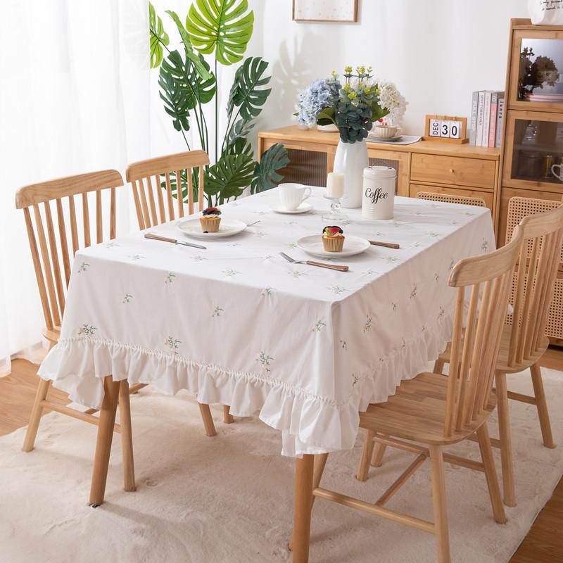 Small Fresh Cotton White Background Embroidered Flower And Grass Skirt Pleated Lotus Leaf Fungus Edge Coffee Table Tablecloth Dining Table Cloth