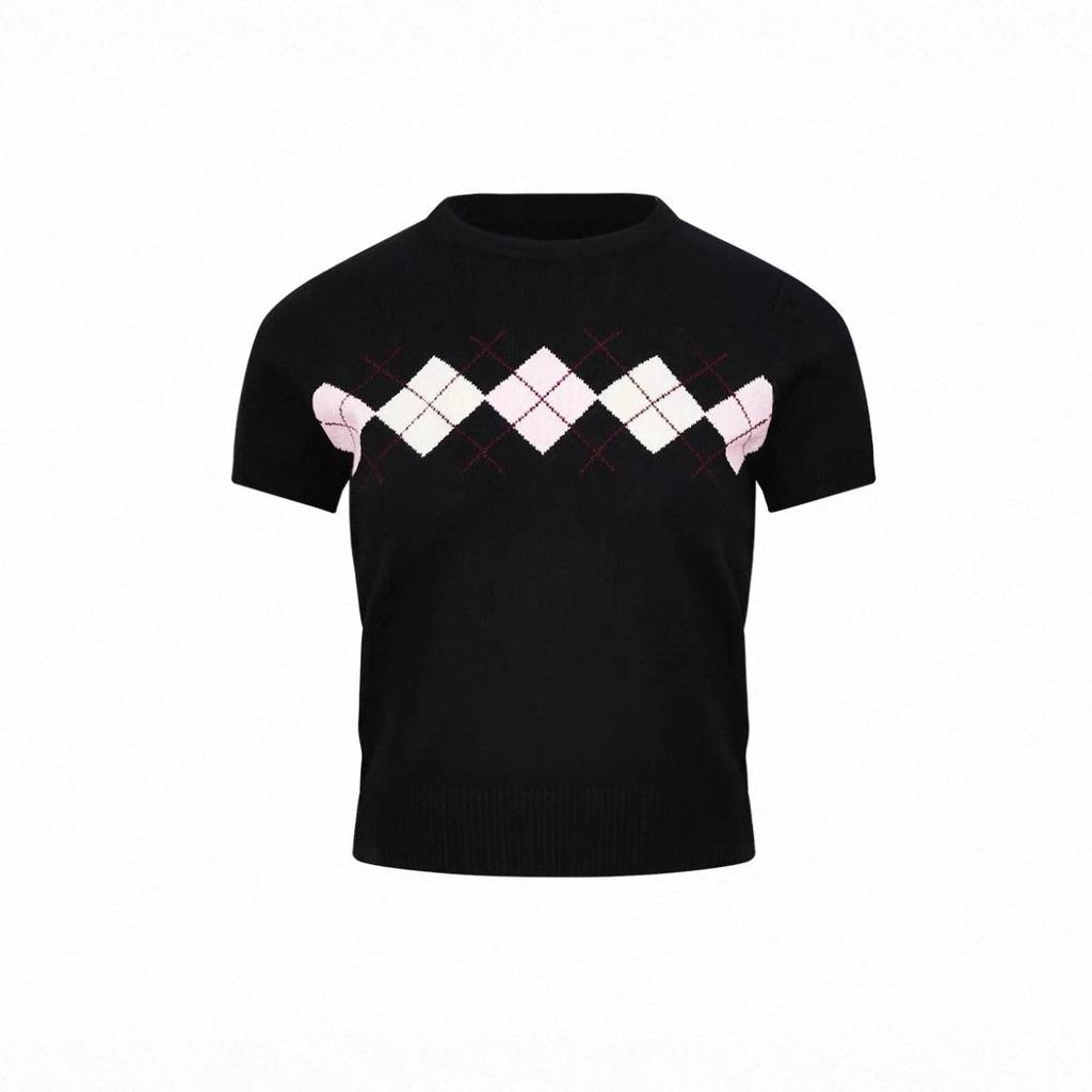 Diamond Pattern Color-Block Short-Sleeve Knit Sweater