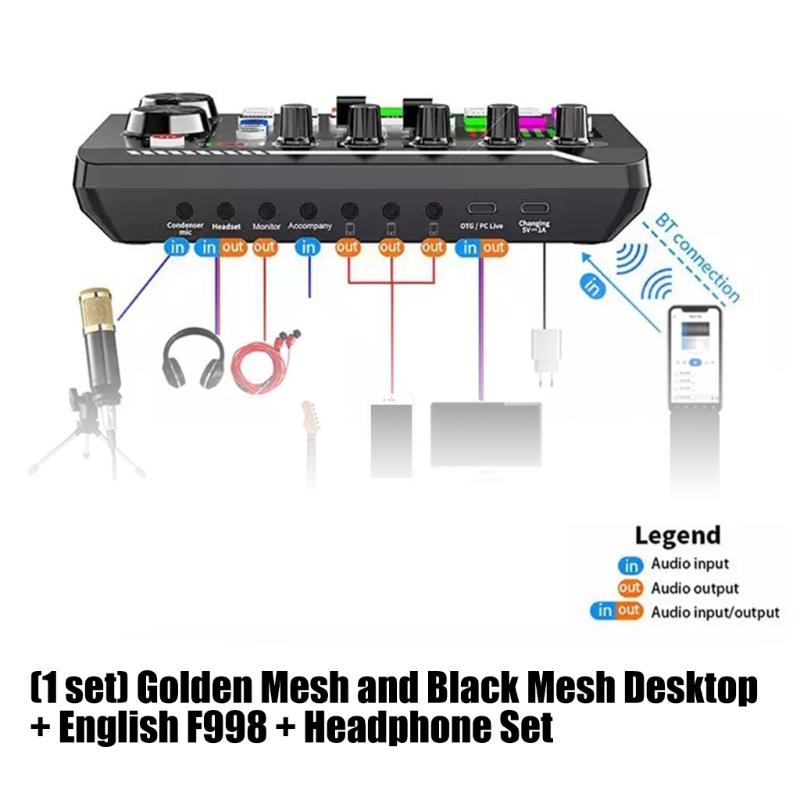 Professional F998 Sound Card & BM800 pickup Set with Wind Screen & Adjustable Stand for Podcasting Music Recording