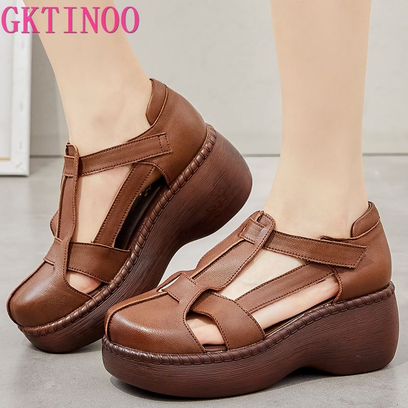 Fashion GKTINOO Woman Sandals Summer Wedge Sandals Casual Cutout Genuine Leather Women Shoes Female Ladies Platform Retro Sandalias