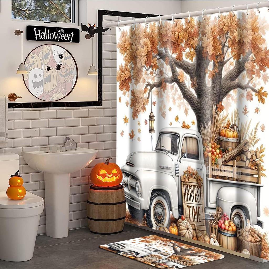 Harvest Thanksgiving Maples Pumpkin Pattern Bathroom Shower Curtain With 12 Hooks Bathroom Decor And Accessories