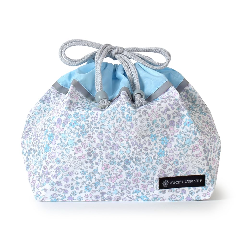 COLORFUL CANDY STYLE Drawstring Lunch Bags, Medium, Gusseted (with Name Tag), Water-Repellent, No-Iron, Floral Oasis, Set of 3, Cute for Girls, Kids,