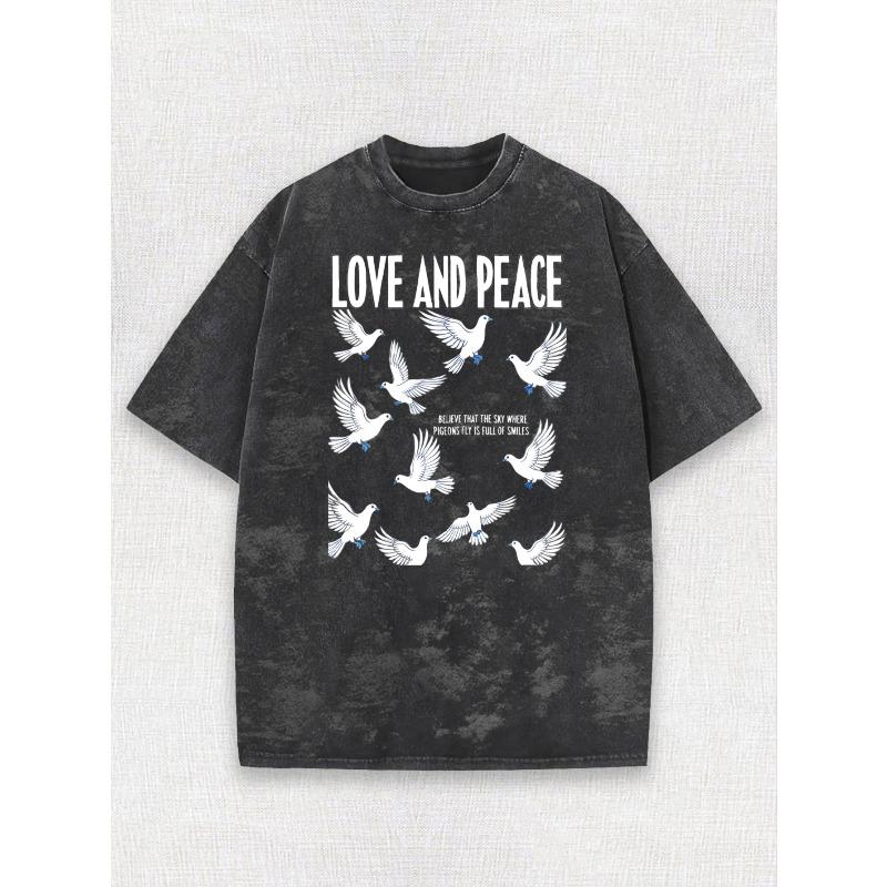 

European sizes Men S Retro Distressed Washed Crew Neck T-Shirt Love And Peace Doves Print Summer Gift for Him Friends Family 5XL чорний