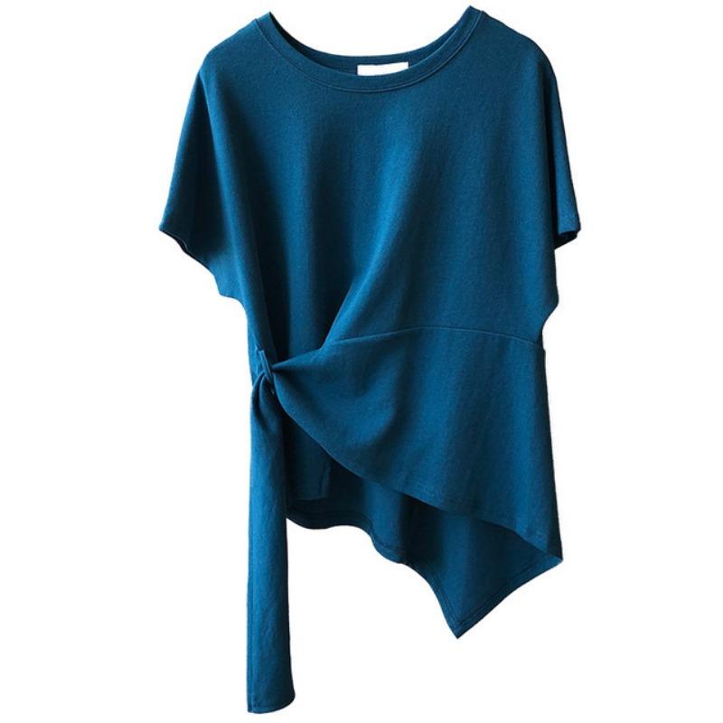 Summer New Short Sleeve Cotton Casual T-shirt Women Irregular Design Tied Solid Base Loose T Shirt Women Fashion Round Neck Simple Lady Tee Tops 25927