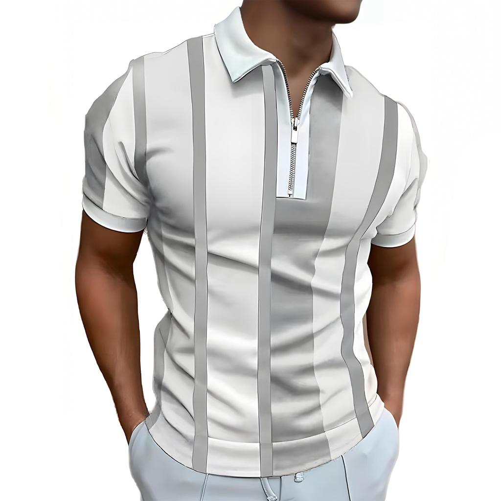 Men's Casual Striped Zipper-Collar Short-Sleeve Shirt