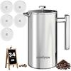 Premium Stainless Steel French Press Coffee Maker (5 Pack Filter)- 34oz/1L Thermal Insulated, 304 Rust-Proof Metal Press - Heat-Resistant Ergonomic