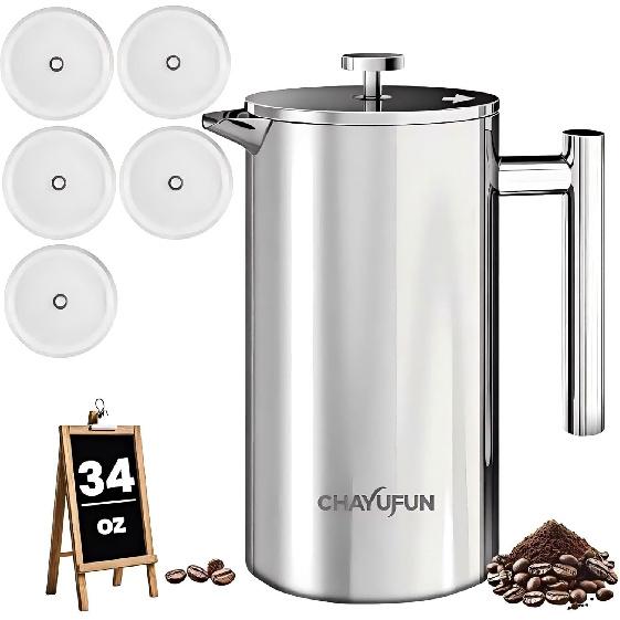 Premium Stainless Steel French Press Coffee Maker (5 Pack Filter)- 34oz/1L Thermal Insulated, 304 Rust-Proof Metal Press - Heat-Resistant Ergonomic