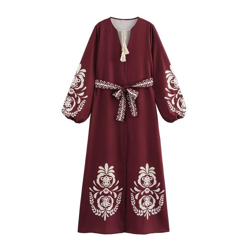 Kaslead New Arrival Women's Clothing Fashion Style Fashion Minimalist Positioning Print Ethnic Style Self-Tie Dress