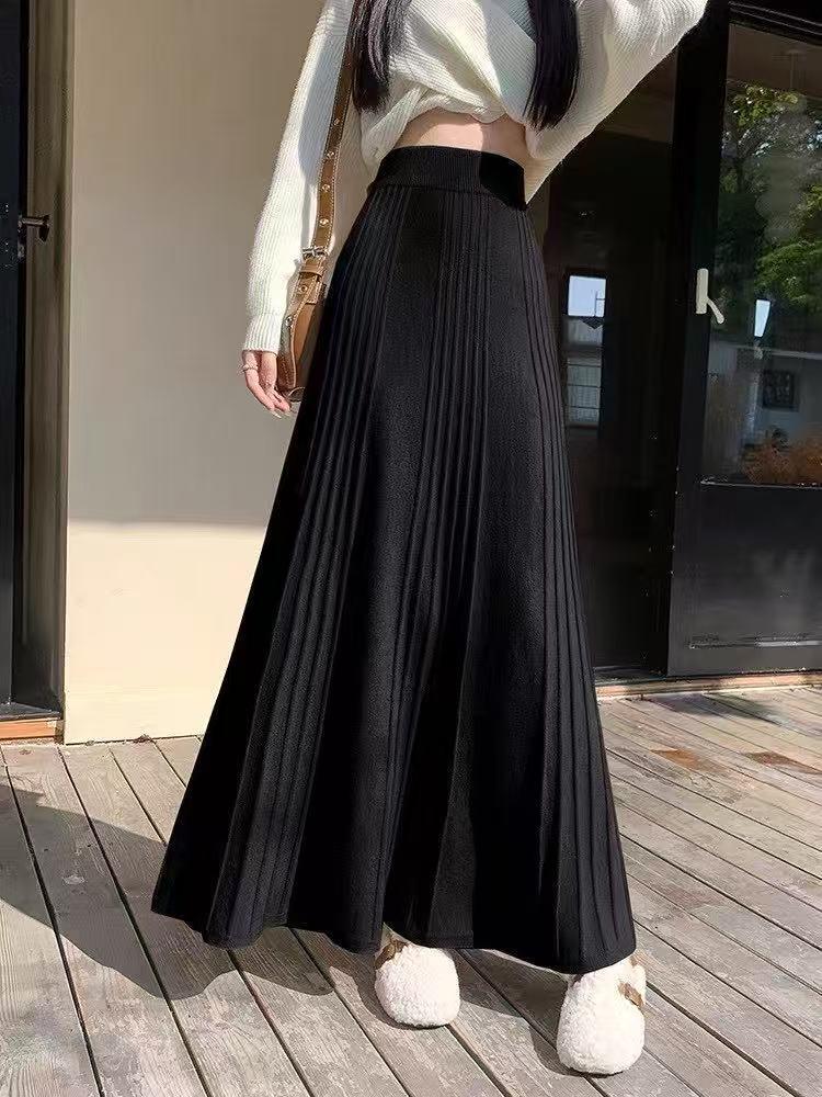

Lazy Knit Pleated Fishtail Skirt - Women s High Waist A-Line Mid-Length Skirt with Large Hem, Autumn/Winter Edition One Size чёрный
