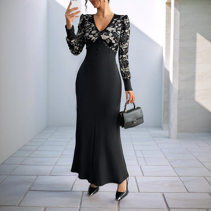 

YYFS Женская мода весна осень с длинным рукавом V-образным вырезом и высокой талией повседневные платья S чёрный