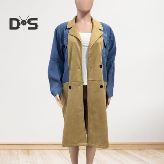 Dámské Jaro Podzim Kabát Džínová bunda Kabát Patchwork Dvouřadý s kapsami s klopou Colorblock Dámský kabát střední délky